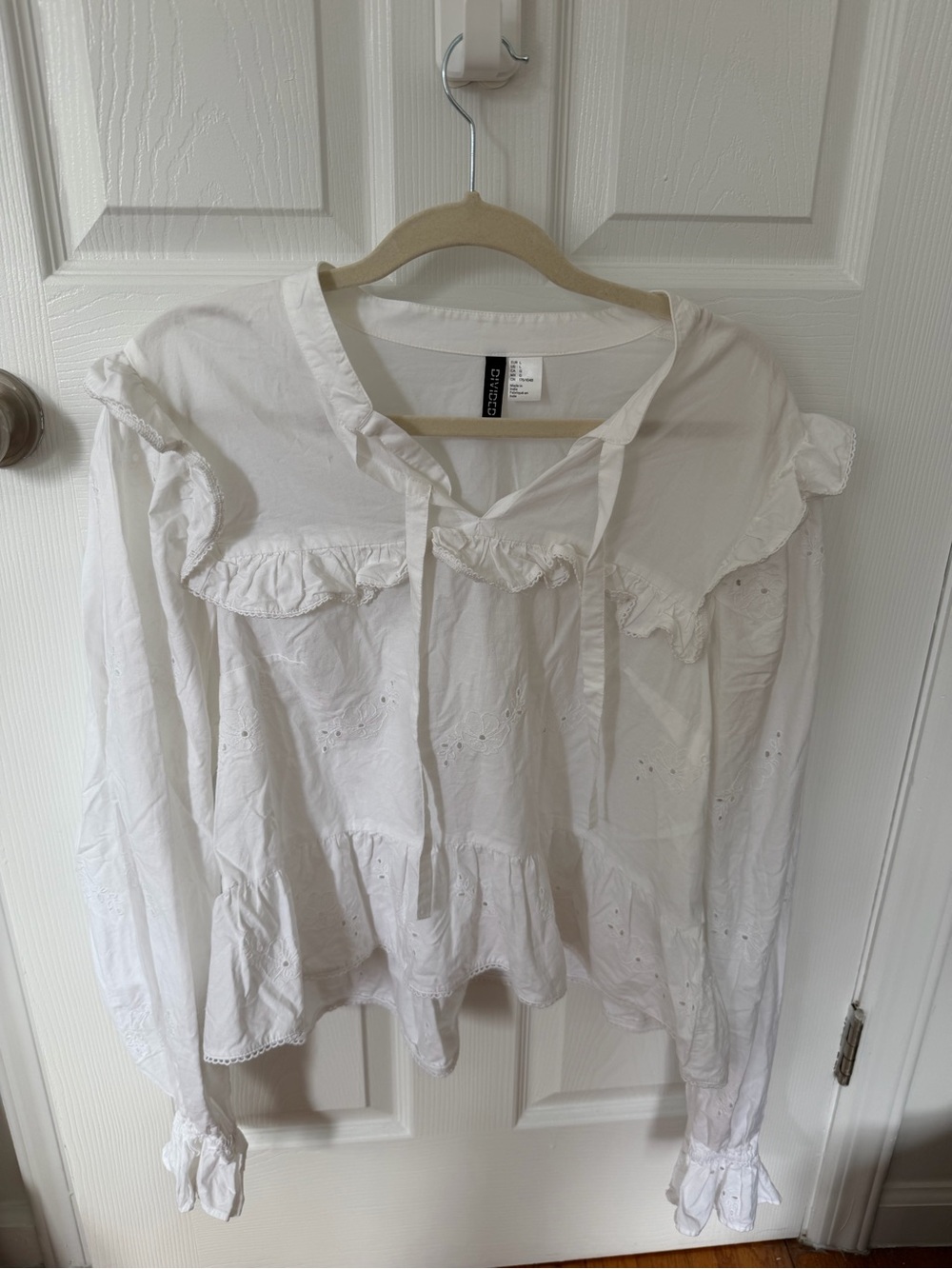Zara White Ruffle Eyelet Tie-Neck Blouse